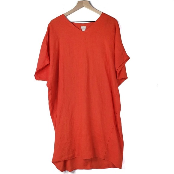 Chico's Linen Tunic Dress 1 8-10 Bright Orange V-Neck - Picture 1 of 9